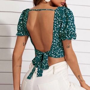 Tie Backless Ruffle Cuff Ditsy Floral Top